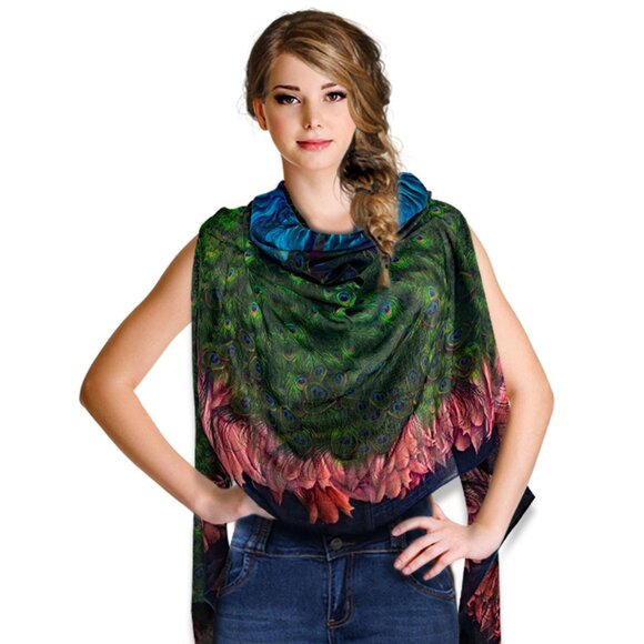 Peacock Feathers Parade Long Scarf Shawl Wrap - Picture 4 of 11